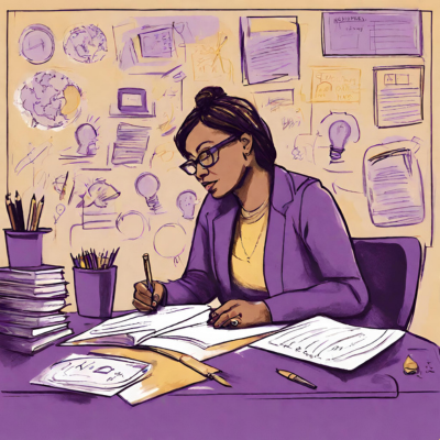 sketch of faculty member brainstorming ideas in shades of purple and gold
