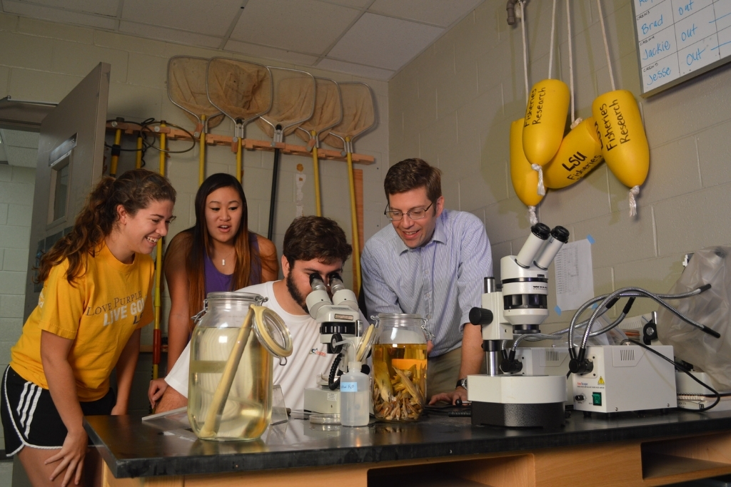 Students look into microscope