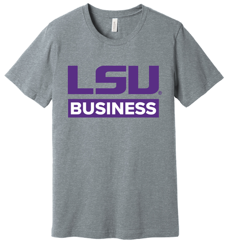 grey t-shirt with LSU Business in purple