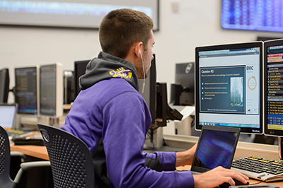 Male student wears an LSU hoodie and works on a financial assignment at a computer.
