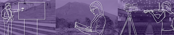 Drawings of individuals giving a presentation, reading a book, and playing violin in front of a video camera