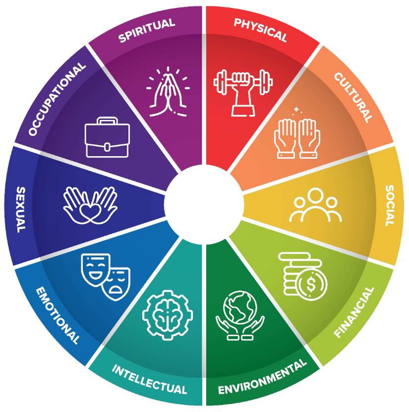 wellness wheel depicting spiritual, physical, cultural, occupational, social, financial, environmental, intellectional, emotional, and sexual wellness.