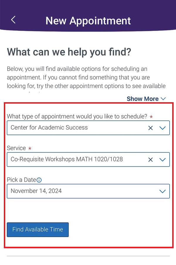 screen shot of selecting CAS Math Co-requisite workshop