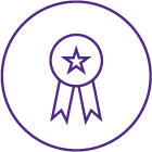 A purple icon of an award ribbon with a star in the center, enclosed in a circular outline.