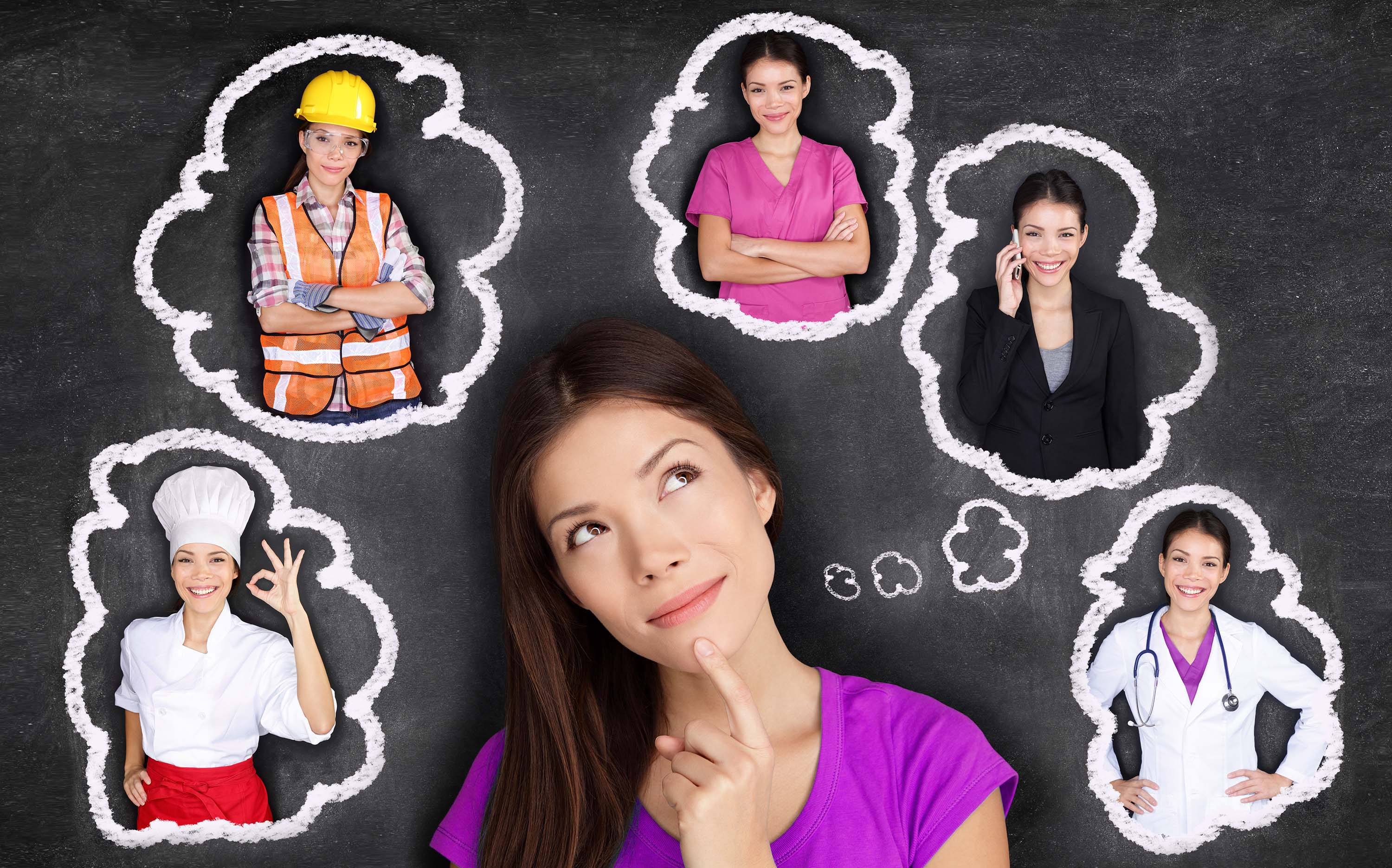 college age female with thought clouds and a different career depicted in each cloud: chef, construction worker, nurse, business person, doctor