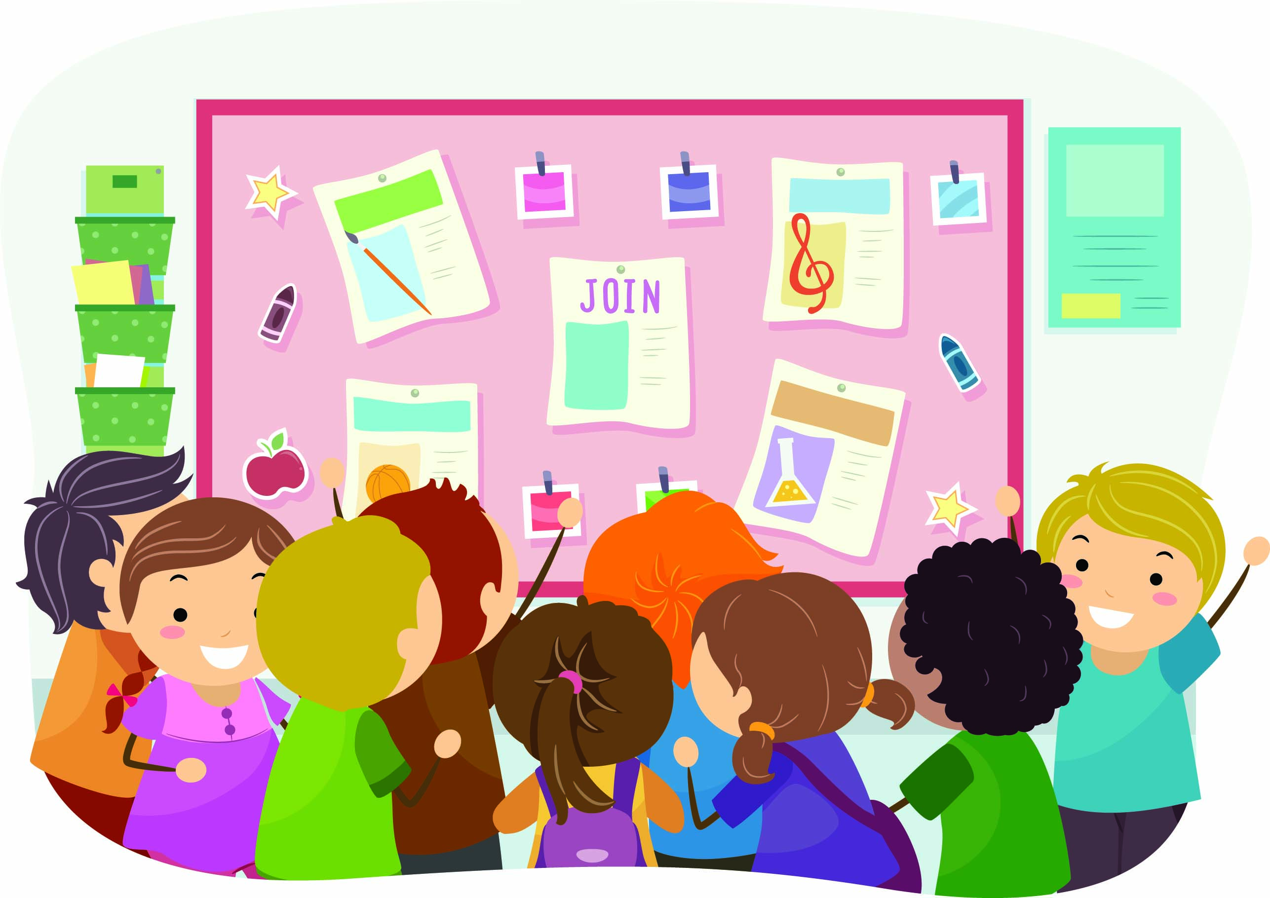 clip art image of students looking at a bulletin board with extracurricular activities and flyer that says "Join"