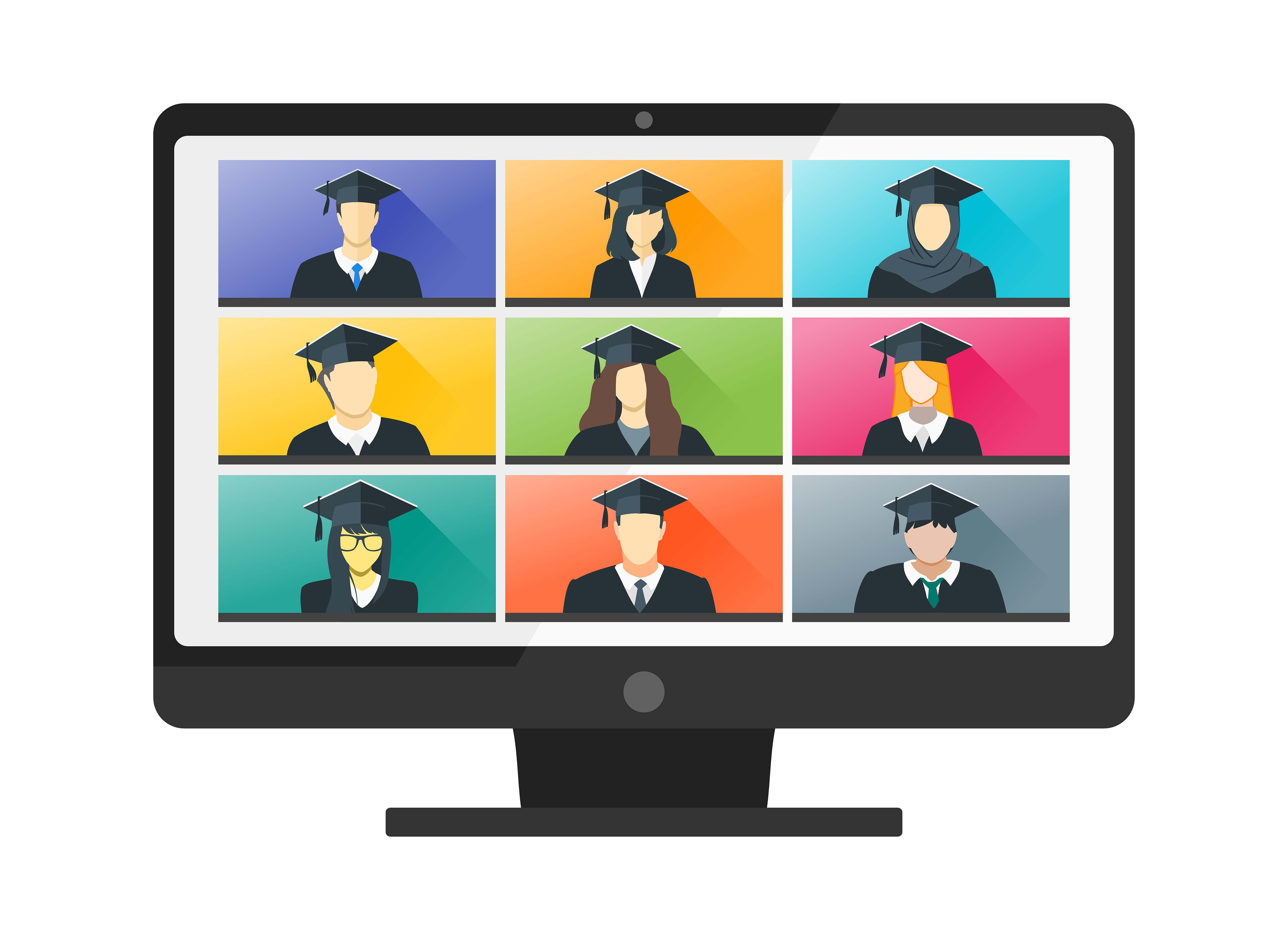 clip art graphic of laptop with graduates in cap and gowns in tile screen mode