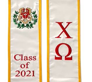 Chi Omega White stole with Gold border that has the chi omega crest on one side and class year on the other side.