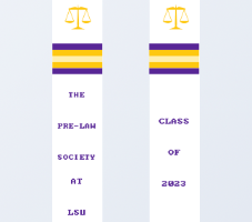White stole with school colored striped that says "The Pre-Law Society at LSU" on the left side and class of info on the right side