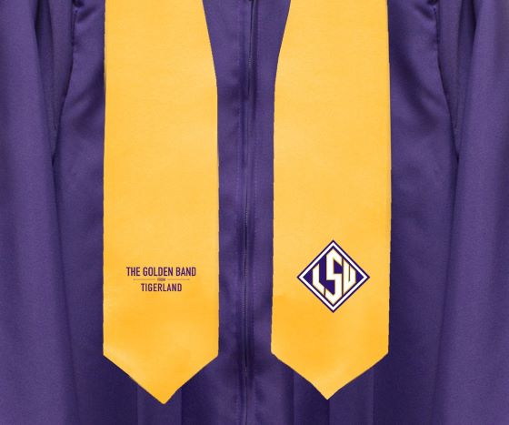 Gold stole featuring Tiger Band name and LSU.