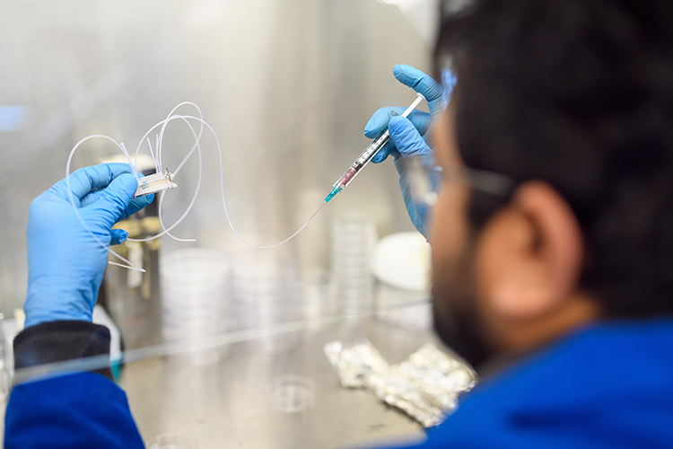 male graduate student Sharif Rahman performing an experiment in Prof. Adam T. Melvin's laboratory