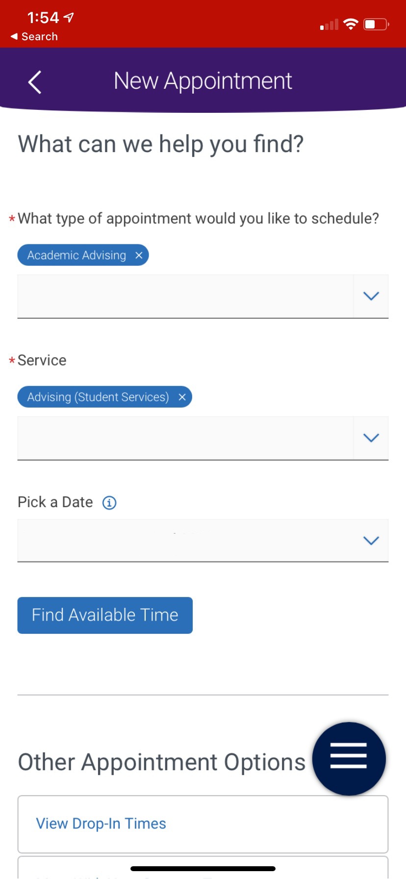 Screenshot of appointment scheduling in the Navigate app