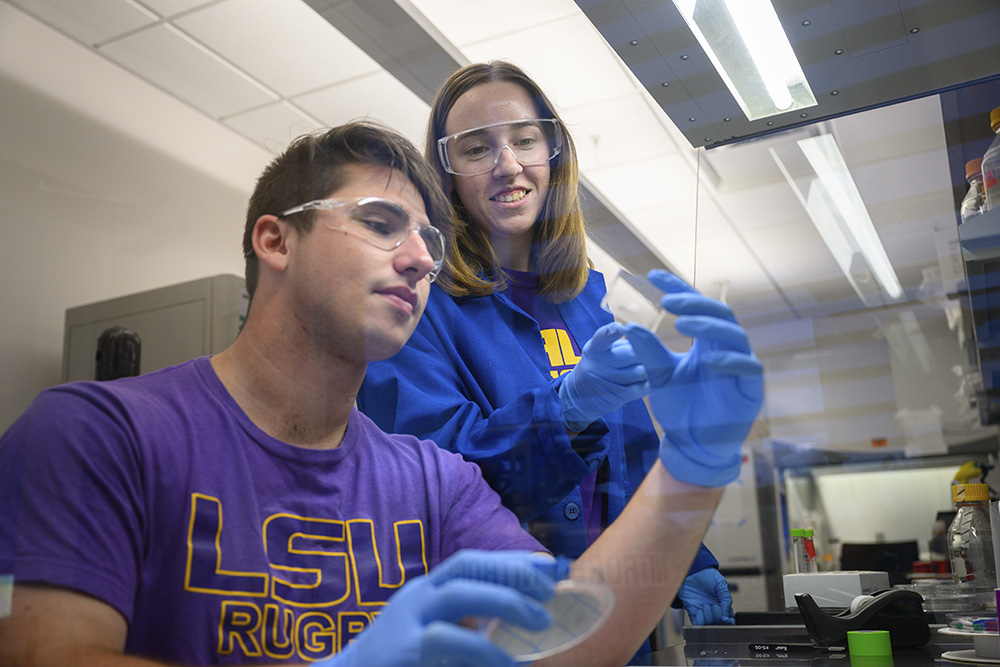 Students looking at a vial 