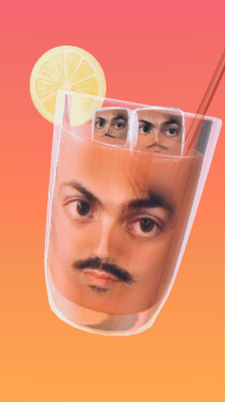 cory calabria's face imposed on a glass of water