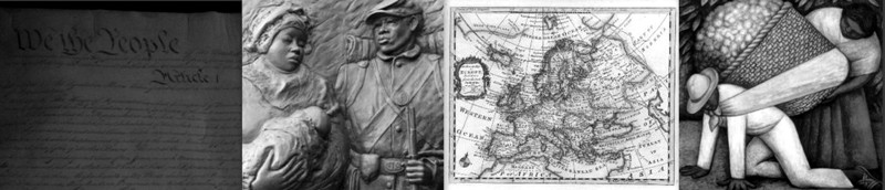 montage of historical images including US Constitution, portraits of African-American Civil War soldier, early modern world map