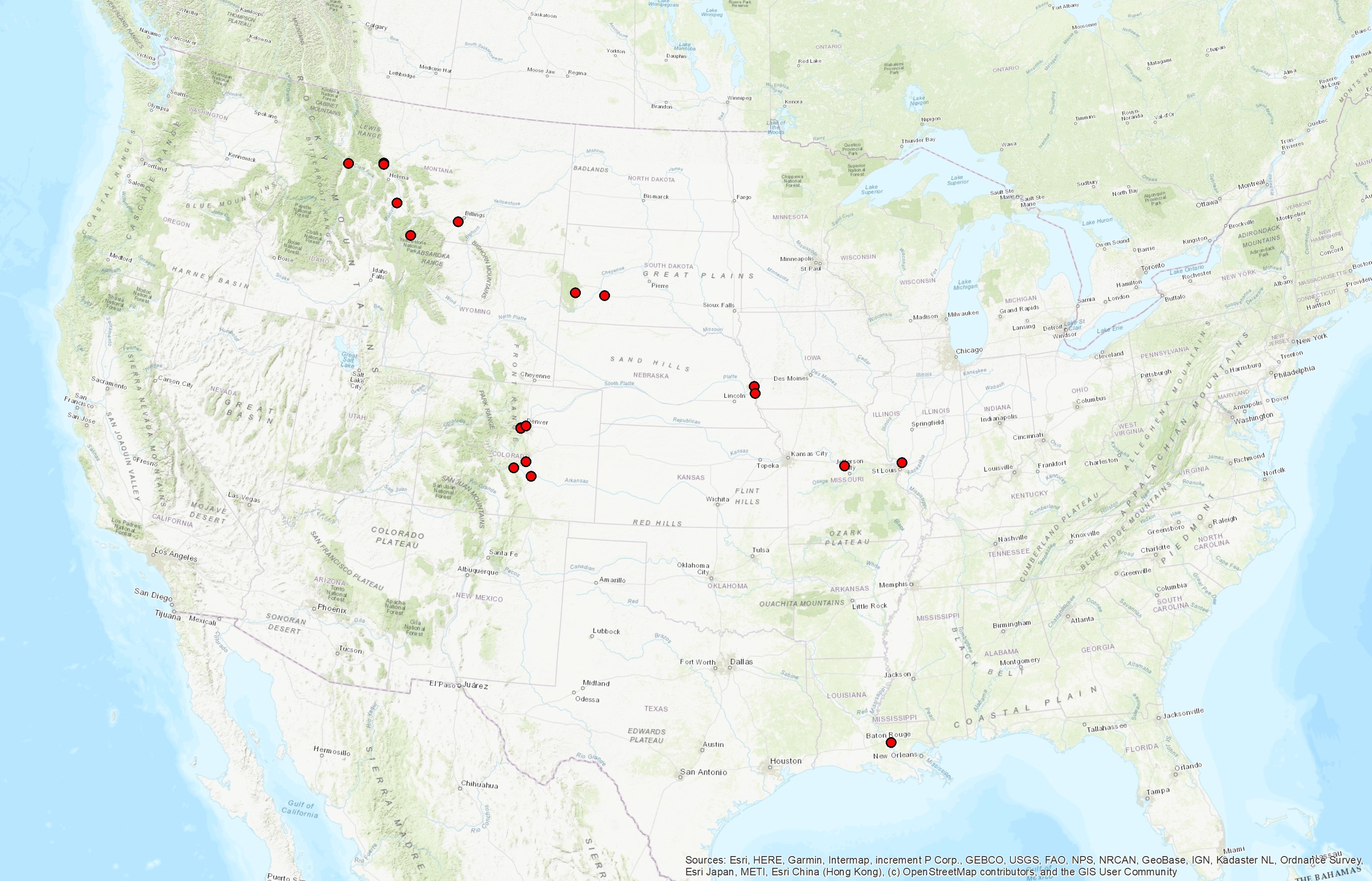 Map of stops LSU students visited on Mississippi River Basin field study.