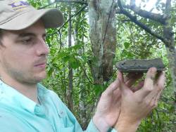 PhD student Jeff Bomer measures the vertical accretion from the monsoon season in the Sundarbans mangrove forest in Bangladesh