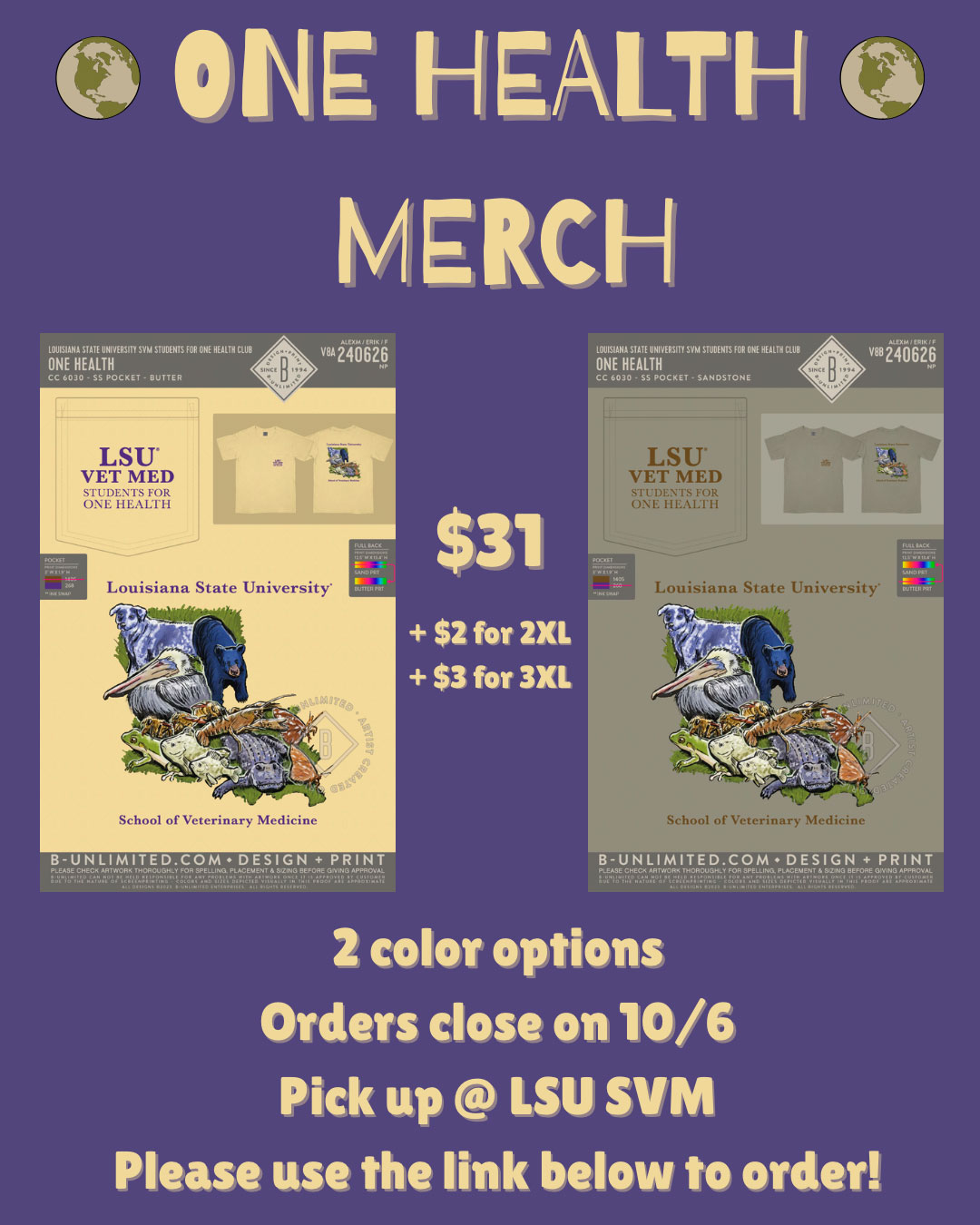 One Health t-shirt with a cow, bear, pelican, alligator, frog, fish, crawfish, and butterfly