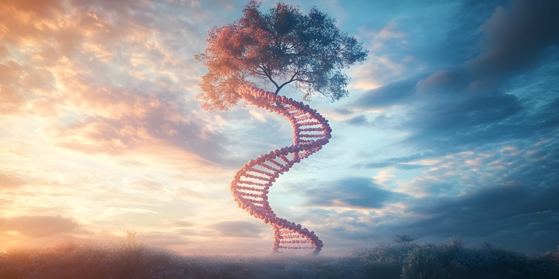 graphic with dna double helix against a sunset background