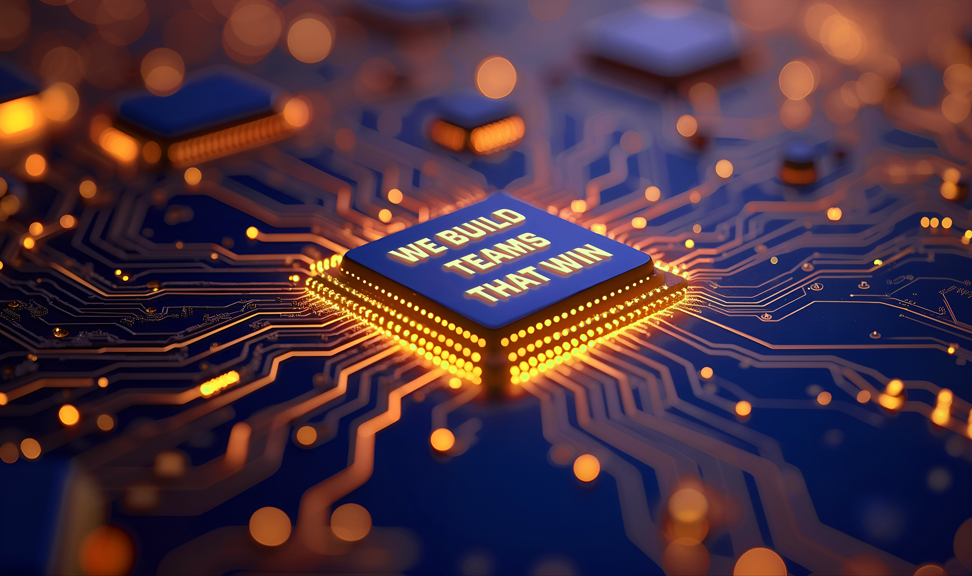 Computer chip that reads We Build Teams That Win